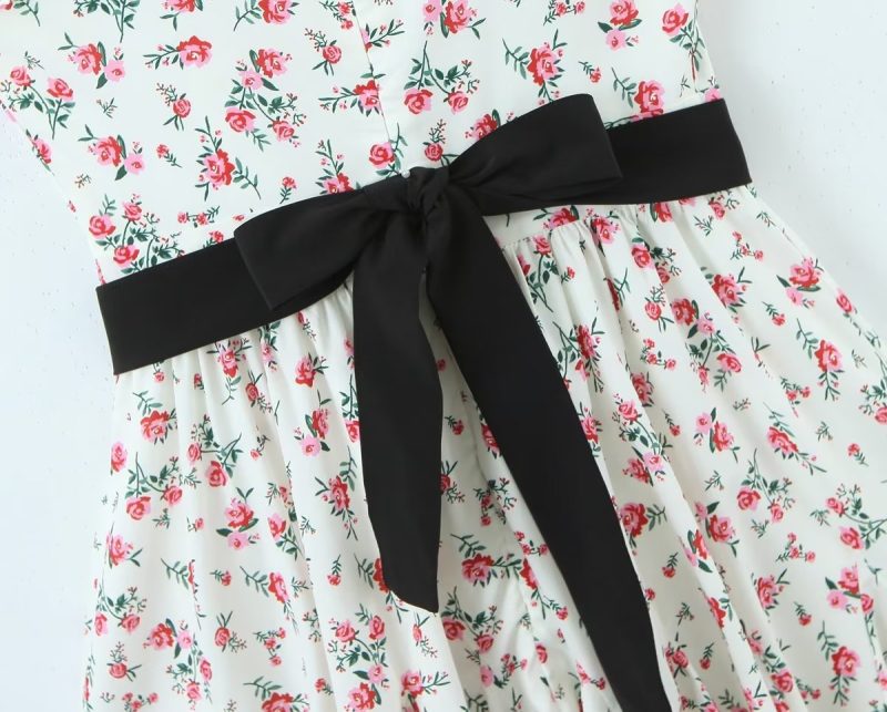 Spring Women Clothing Lace Embroidered Large Swing Small Floral Tie Neck Contrasting Color Dress Short  Crisscross - Image 7