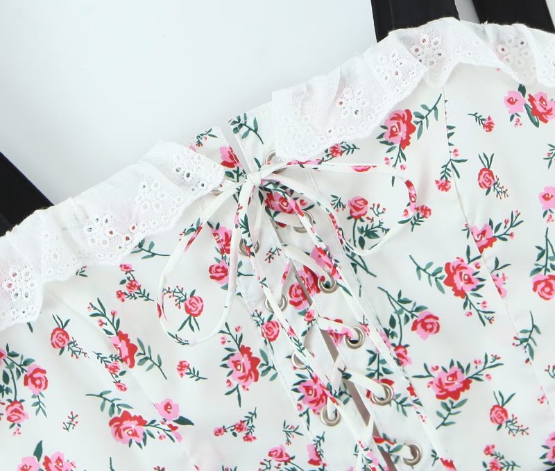 Spring Women Clothing Lace Embroidered Large Swing Small Floral Tie Neck Contrasting Color Dress Short  Crisscross - Image 8