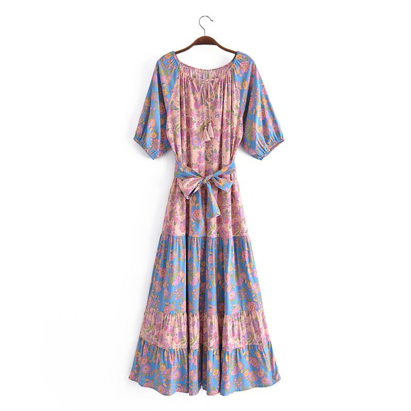 Spring Summer Women Clothing Fairy Dress Romantic Floral High Waist Puff Sleeve Dress Color Matching Dress - Image 2