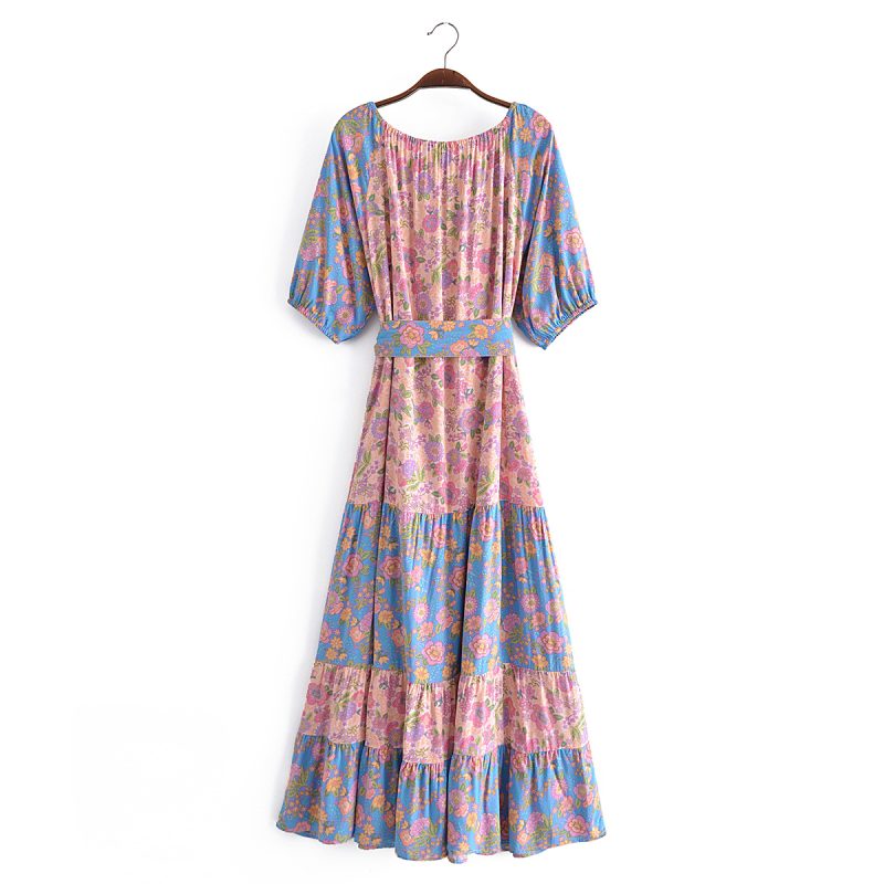 Spring Summer Women Clothing Fairy Dress Romantic Floral High Waist Puff Sleeve Dress Color Matching Dress - Image 3
