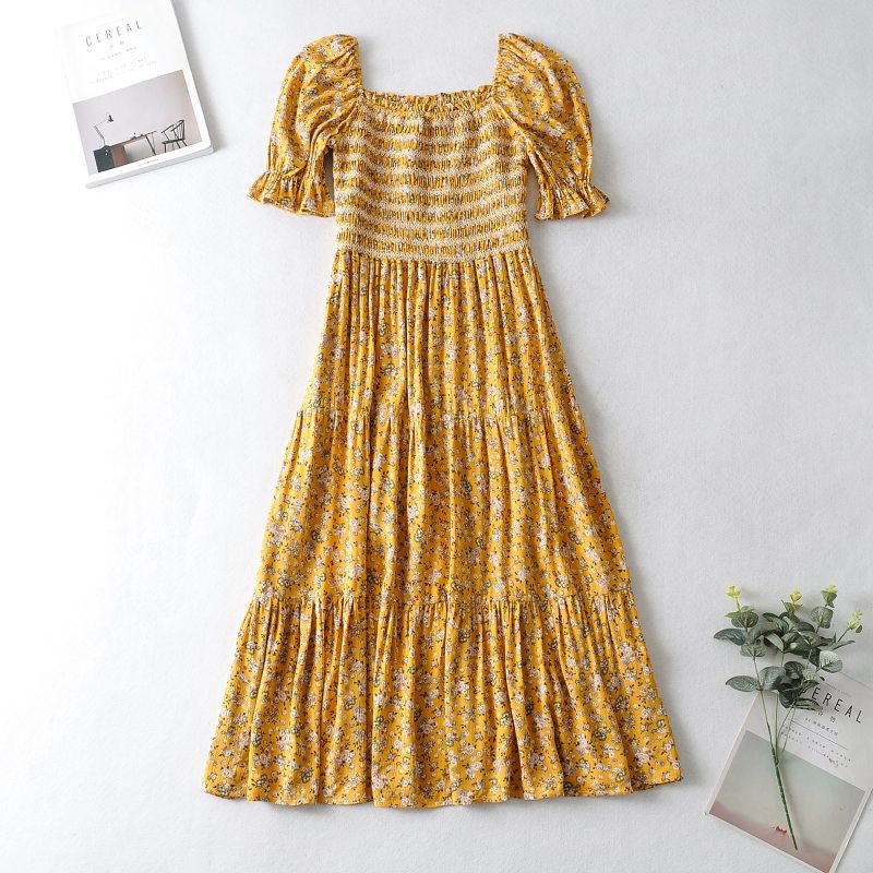 Spring Women Clothing Square Collar Short Sleeve Maxi Dress Floral Dress Women - Image 2