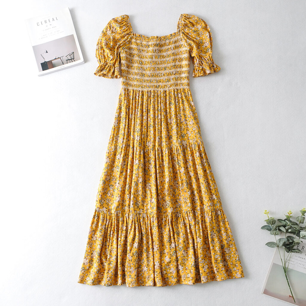 Spring Women Clothing Square Collar Short Sleeve Maxi Dress Floral Dress Women - Image 3