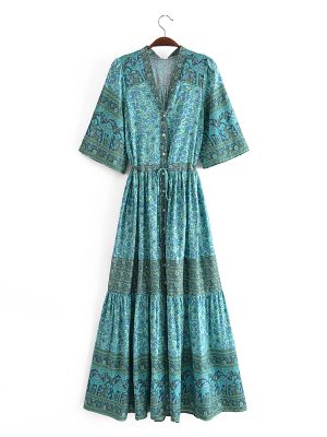 Bohemian Ethnic Vacation Summer Positioning Printed V neck Waist Controlled Large Hem Maxi Dress