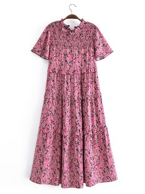 Pink Floral Print Ruffled Floral Print Sleeve Loose Dress Layered Cake Lace