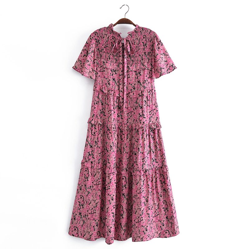 Pink Floral Print Ruffled Floral Print Sleeve Loose Dress Layered Cake Lace - Image 2