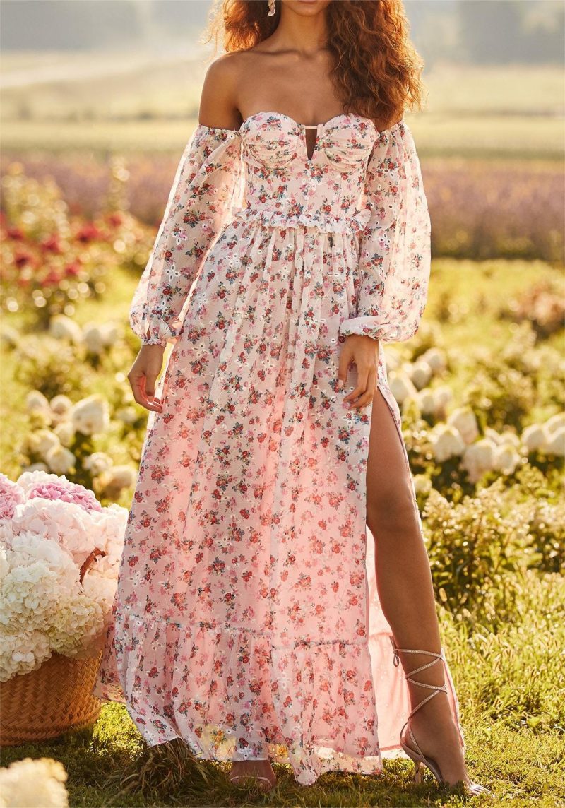 Women off Neck Large Swing Side Split Dress Summer Holiday Embroidery Floral