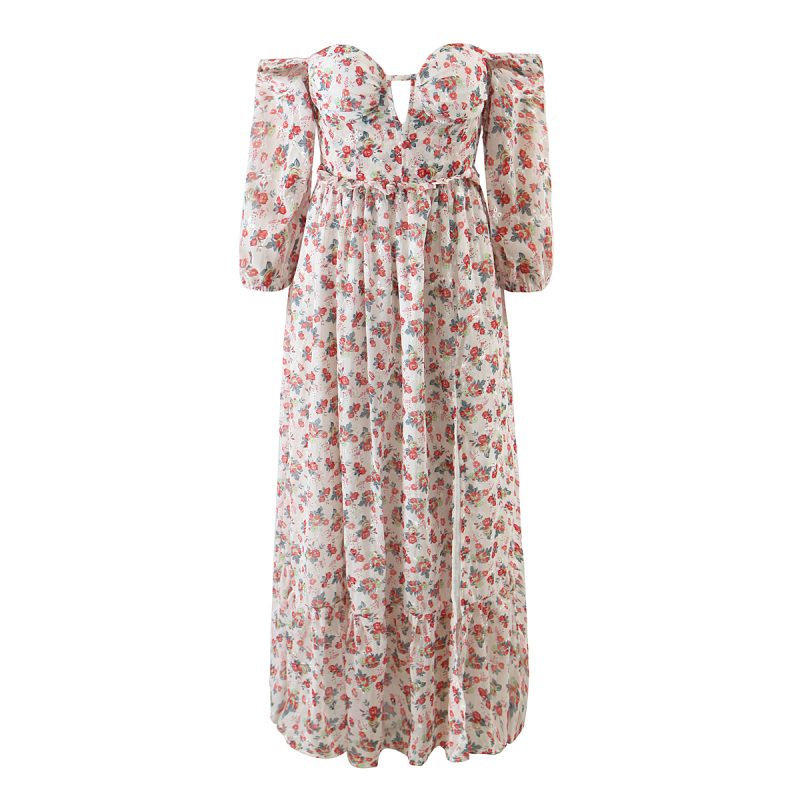 Women off Neck Large Swing Side Split Dress Summer Holiday Embroidery Floral - Image 2