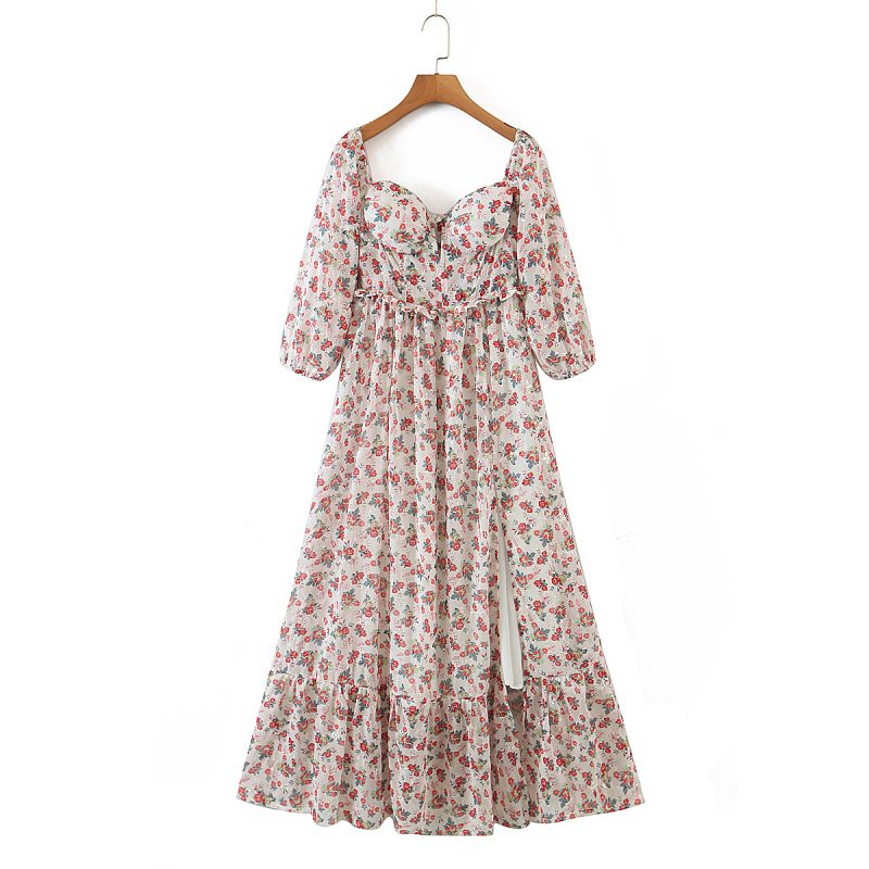 Women off Neck Large Swing Side Split Dress Summer Holiday Embroidery Floral - Image 3