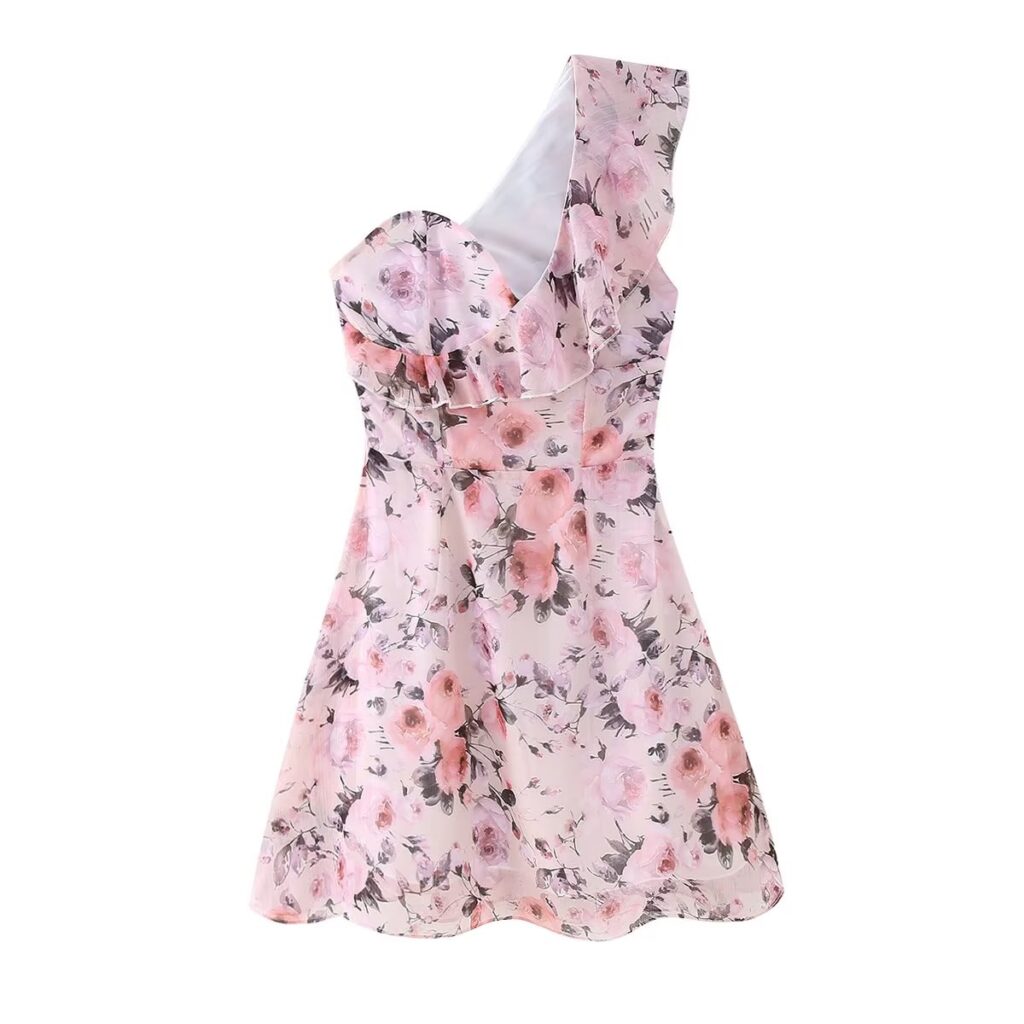 Women  Clothing French Sexy off the Shoulder Design Lotus Leaf Trim Printed Short Dress - Image 3