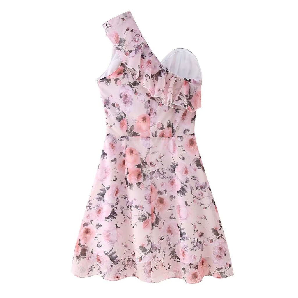 Women  Clothing French Sexy off the Shoulder Design Lotus Leaf Trim Printed Short Dress - Image 4