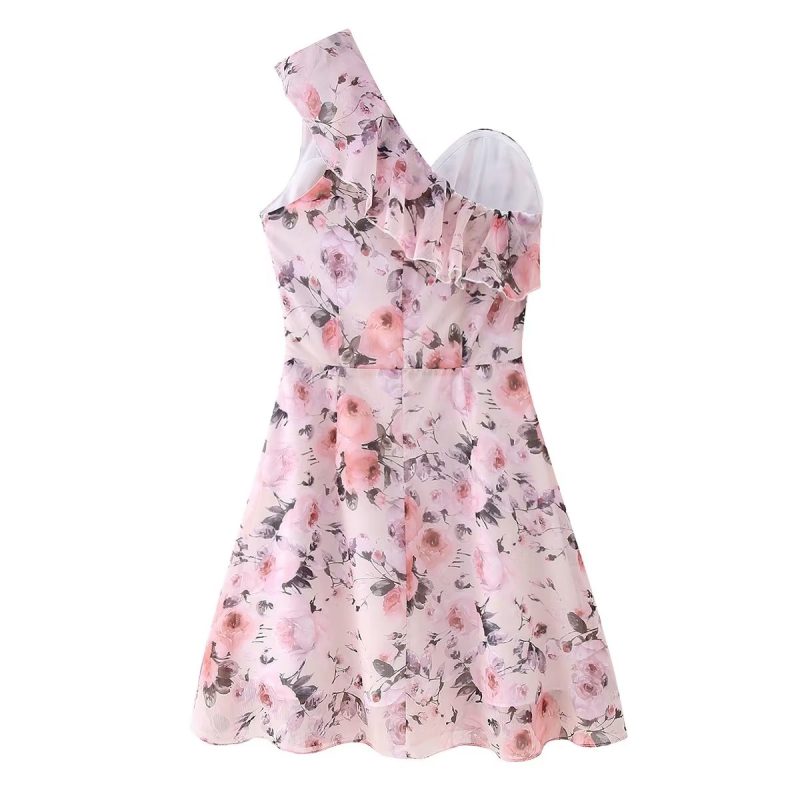Women  Clothing French Sexy off the Shoulder Design Lotus Leaf Trim Printed Short Dress - Image 4