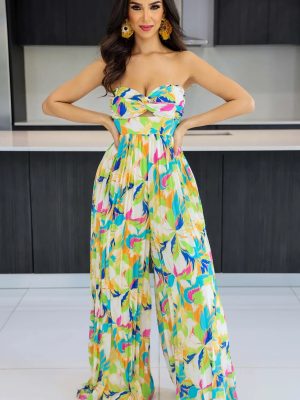 Sleeveless Chest Wrapped Printed Trousers Summer High Waist Pleated Jumpsuit