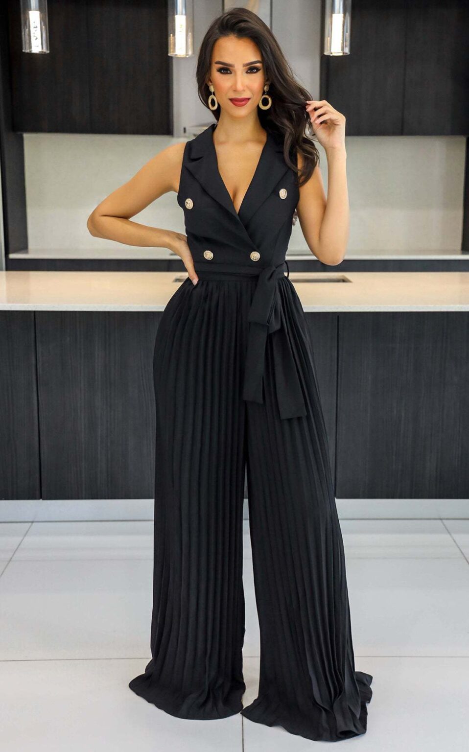 Spring Summer V neck Sleeveless Backless Elegant Street Pleated Wide Leg Jumpsuit - Image 3