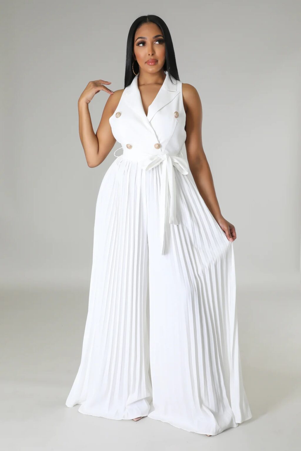 Spring Summer V neck Sleeveless Backless Elegant Street Pleated Wide Leg Jumpsuit - Image 4
