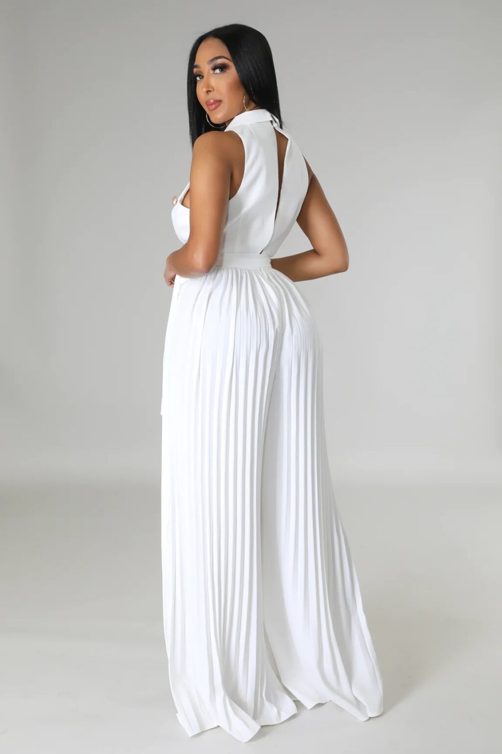 Spring Summer V neck Sleeveless Backless Elegant Street Pleated Wide Leg Jumpsuit - Image 5