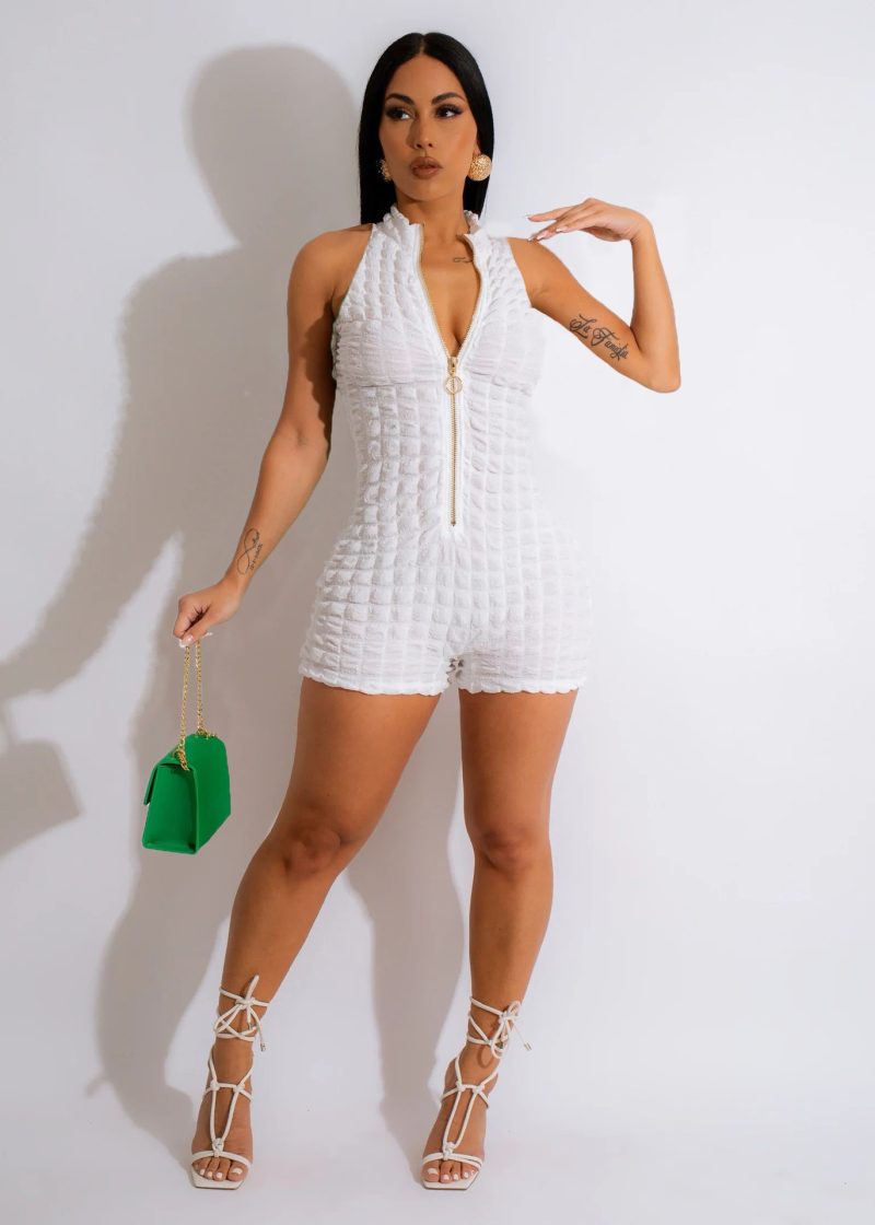 Women Clothing Sexy Solid Color Zipper Collar Seersucker Jumpsuit - Image 3