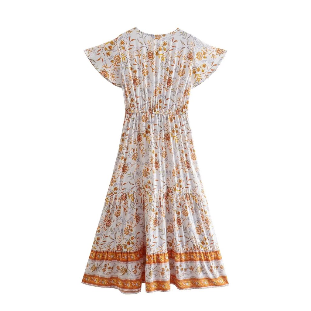 Early Autumn Women Clothing V neck Printed Single Breasted Stitching Drawstring Waist Trimming Short Sleeved Dress - Image 2
