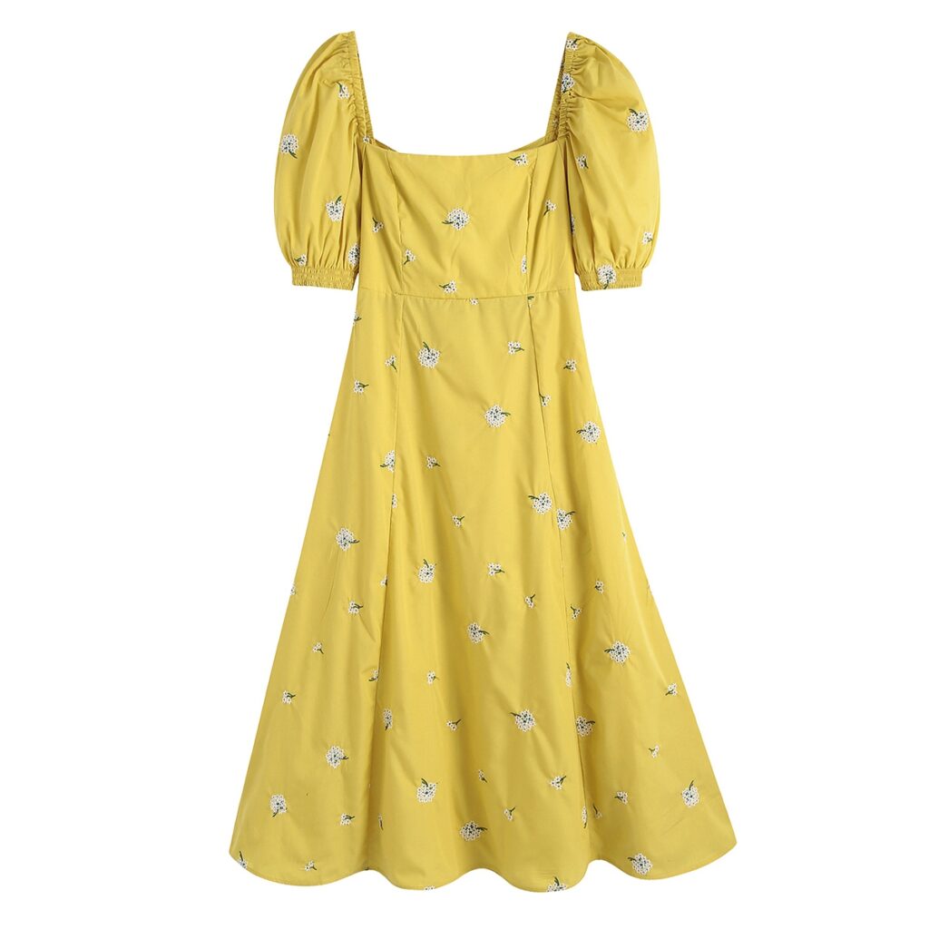 Spring Yellow Square Collar Puff Sleeve Bow Embroidered Dress for Women