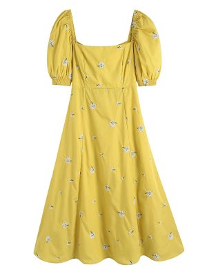 Spring Yellow Square Collar Puff Sleeve Bow Embroidered Dress for Women