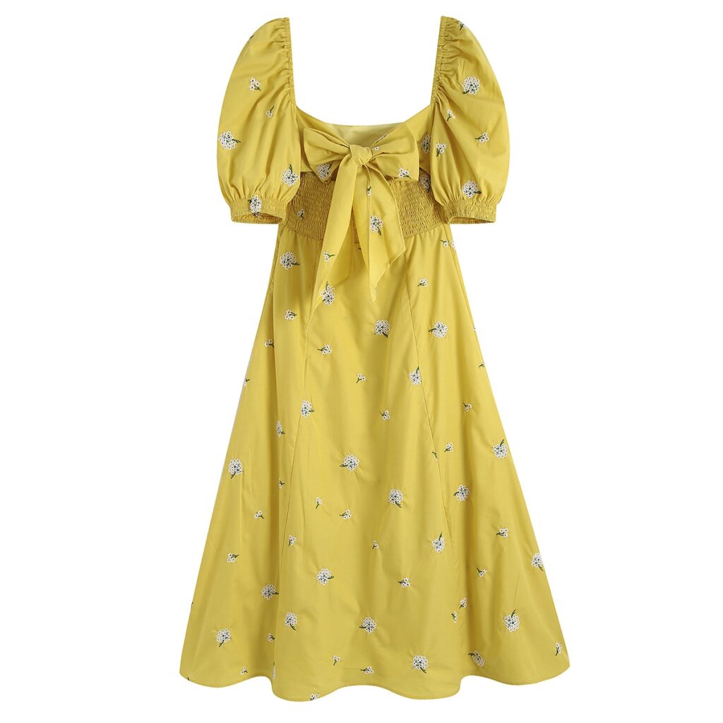 Spring Yellow Square Collar Puff Sleeve Bow Embroidered Dress for Women - Image 2