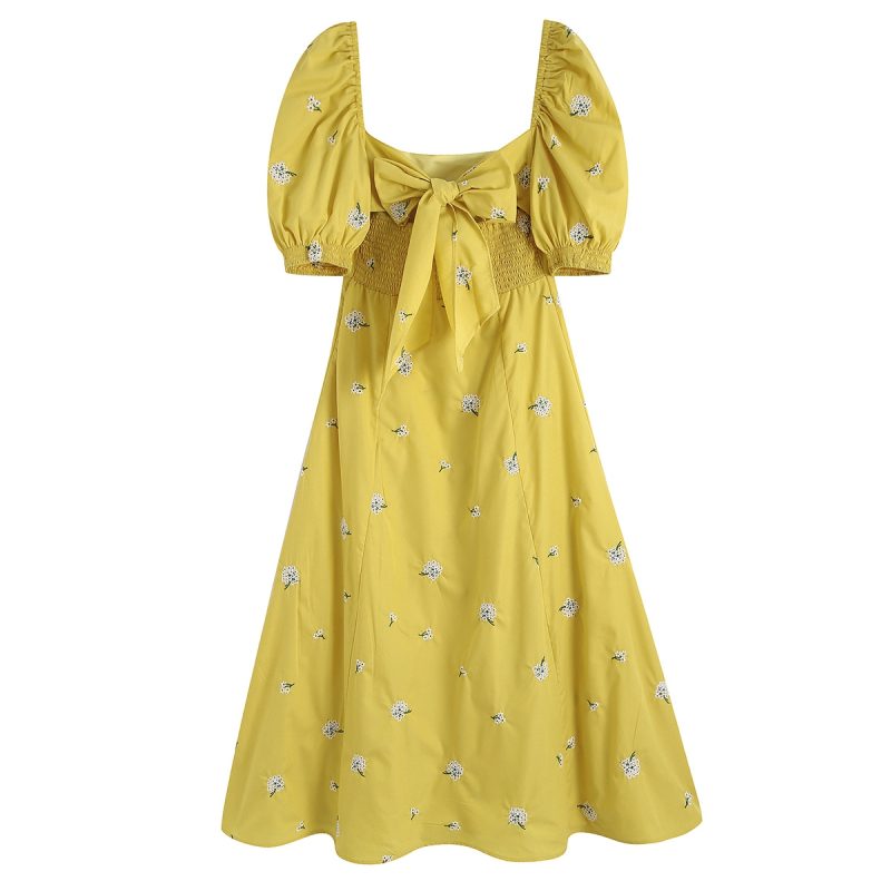 Spring Yellow Square Collar Puff Sleeve Bow Embroidered Dress for Women - Image 2