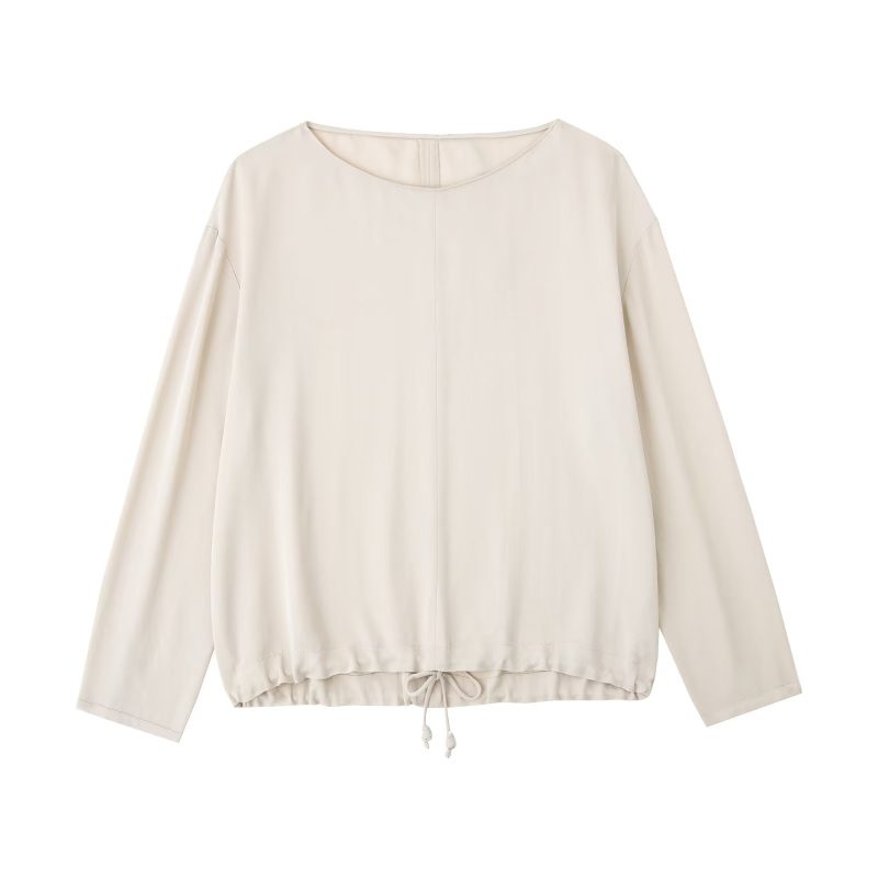 Women round Neck Spring Drawstring Hem Silk Satin Texture Drape Shirt Loose - Image 2