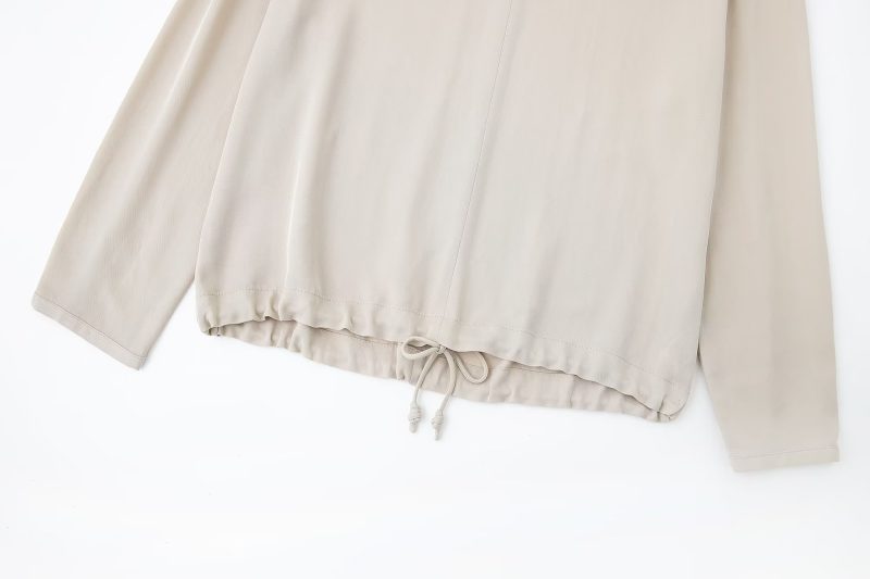 Women round Neck Spring Drawstring Hem Silk Satin Texture Drape Shirt Loose - Image 3