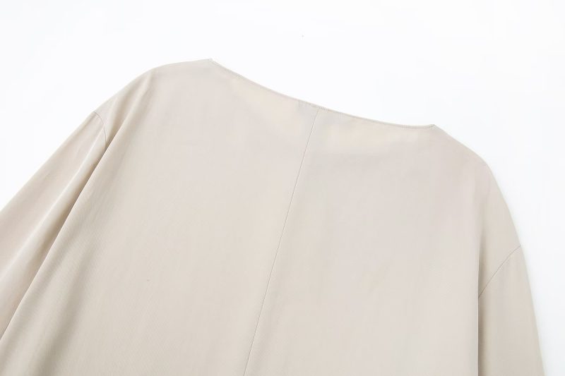 Women round Neck Spring Drawstring Hem Silk Satin Texture Drape Shirt Loose - Image 7