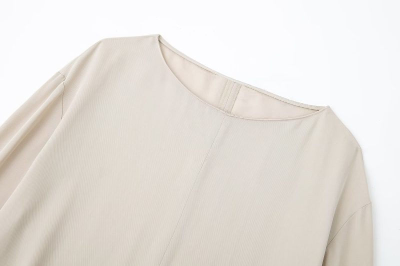 Women round Neck Spring Drawstring Hem Silk Satin Texture Drape Shirt Loose - Image 11