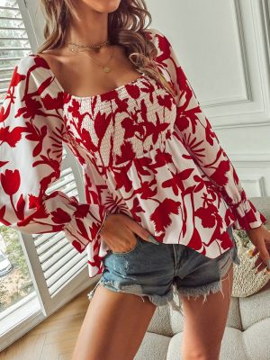 Spring Summer Sexy off Shoulder Elastic Printed Long Sleeve Short Top Women Clothing