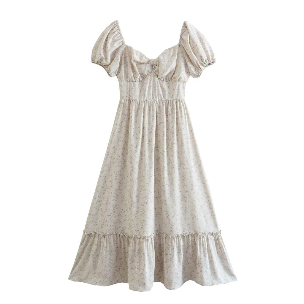 Summer Court Puff Sleeve Floral Fresh Short Sleeve Dress