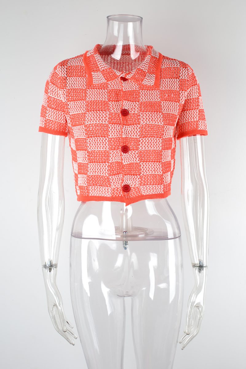 Summer Plaid T Seaside Holiday plus Size Knitwear Short Sleeve T shirt Short Button Cardigan T shirt Women - Image 5
