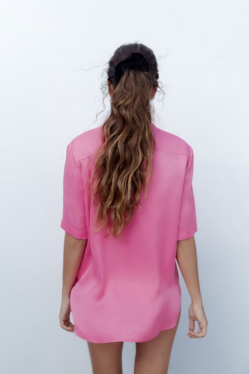 Spring Women Clothing Slit Design Silk Satin Texture Short Sleeve Shirt - Image 2