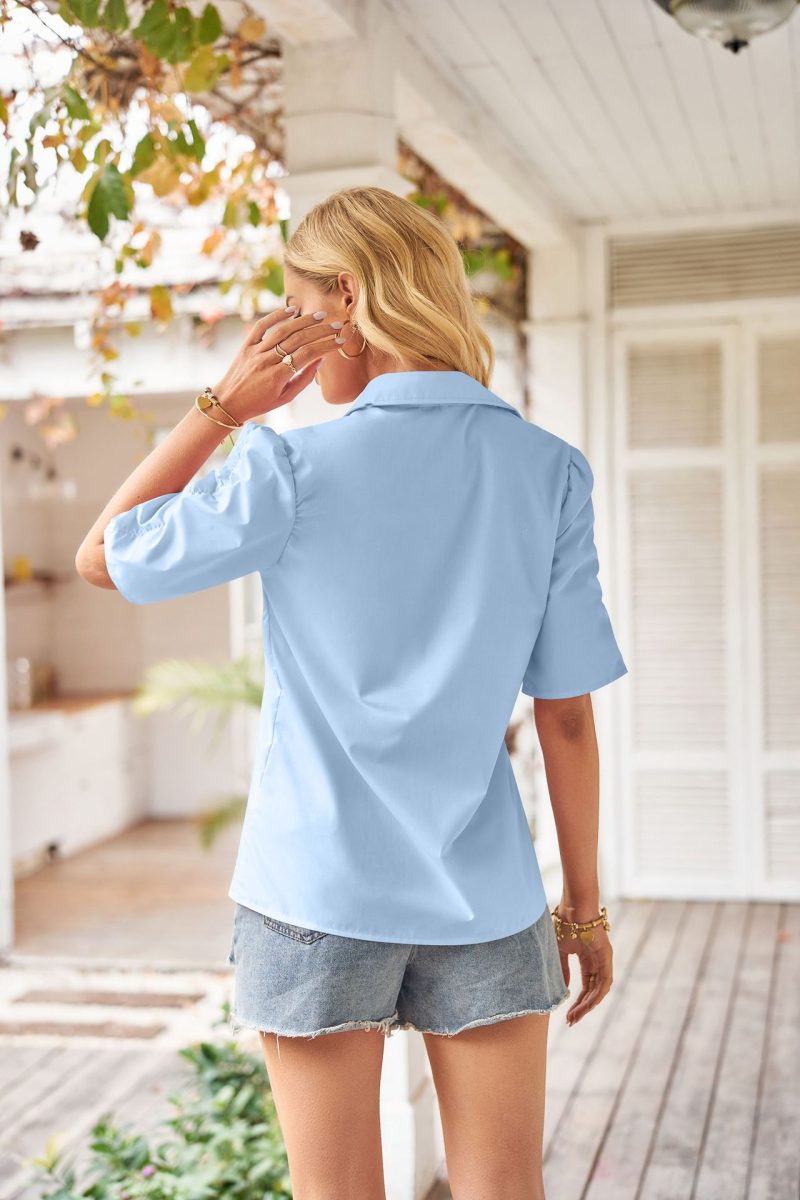 Summer Casual Loose Shirt Buckle V neck Solid Color Peplum Top Women - Image 2