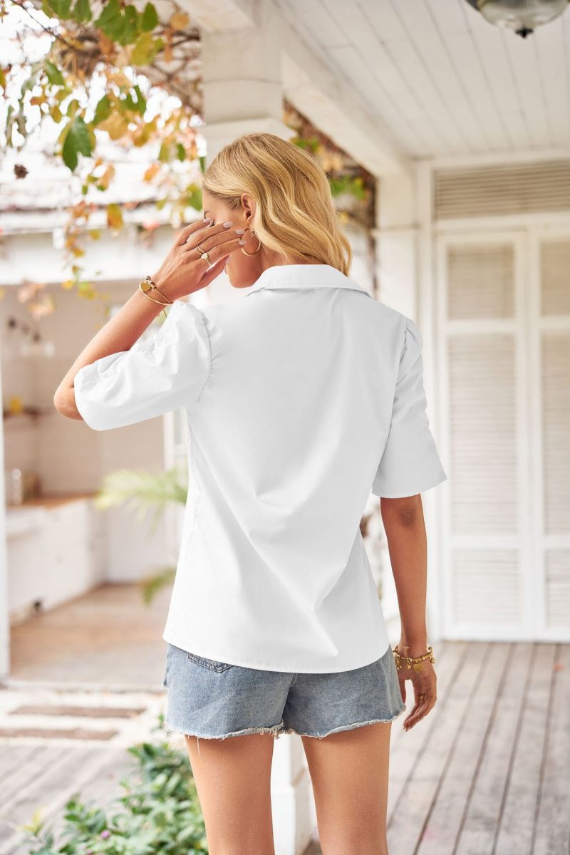 Summer Casual Loose Shirt Buckle V neck Solid Color Peplum Top Women - Image 6