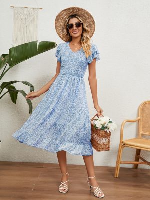 Summer V neck Pleated Printed Chiffon Patchwork Waist Slimming Dress Women