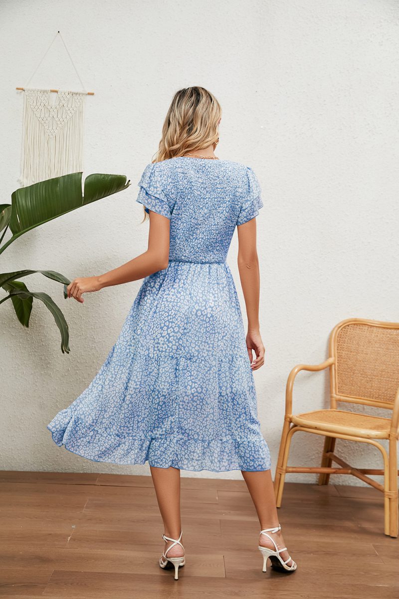 Summer V neck Pleated Printed Chiffon Patchwork Waist Slimming Dress Women - Image 2