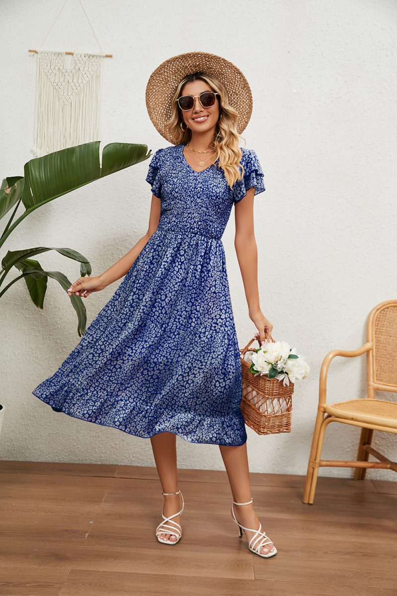 Summer V neck Pleated Printed Chiffon Patchwork Waist Slimming Dress Women - Image 3