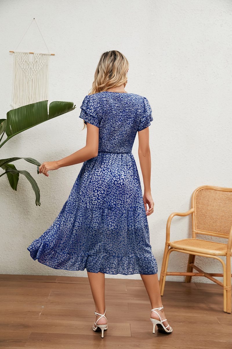 Summer V neck Pleated Printed Chiffon Patchwork Waist Slimming Dress Women - Image 4