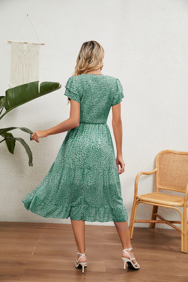 Summer V neck Pleated Printed Chiffon Patchwork Waist Slimming Dress Women - Image 6
