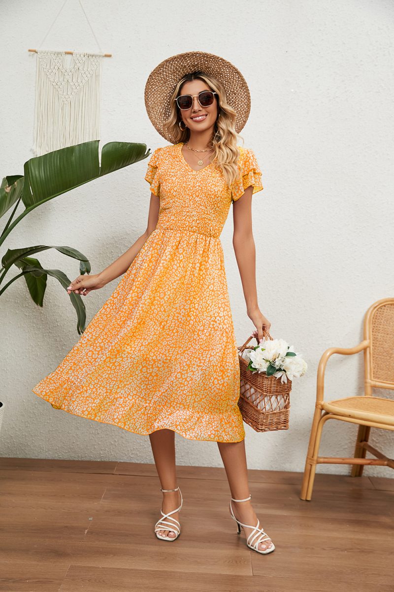 Summer V neck Pleated Printed Chiffon Patchwork Waist Slimming Dress Women - Image 7