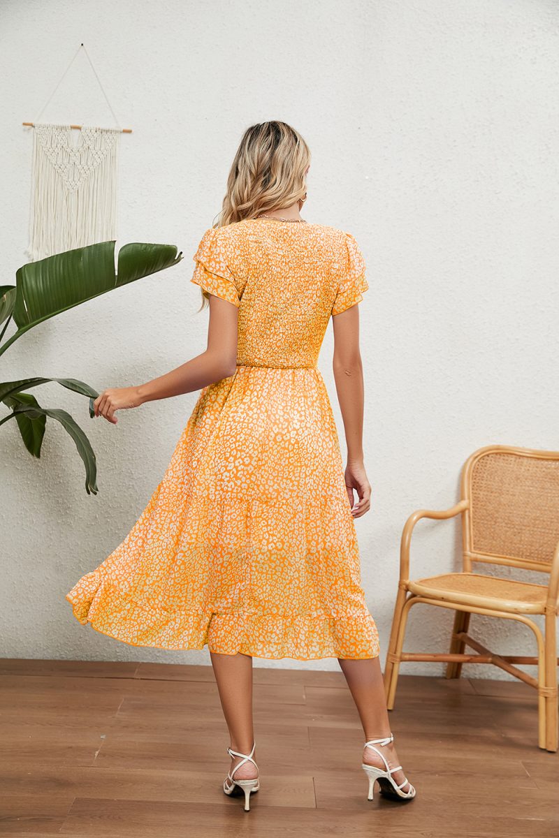 Summer V neck Pleated Printed Chiffon Patchwork Waist Slimming Dress Women - Image 8