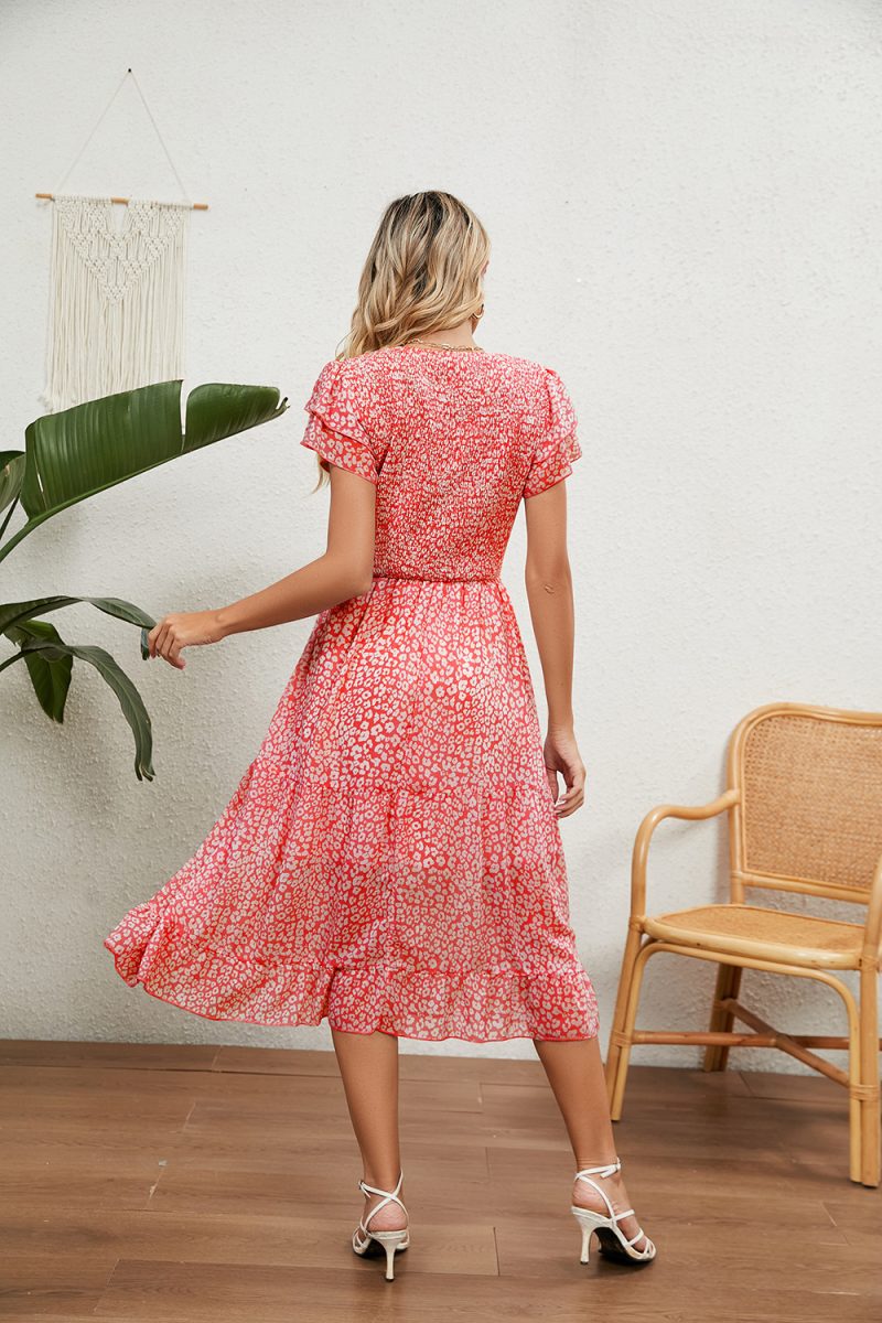 Summer V neck Pleated Printed Chiffon Patchwork Waist Slimming Dress Women - Image 10