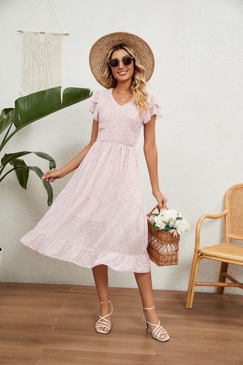 Summer V neck Pleated Printed Chiffon Patchwork Waist Slimming Dress Women - Image 12
