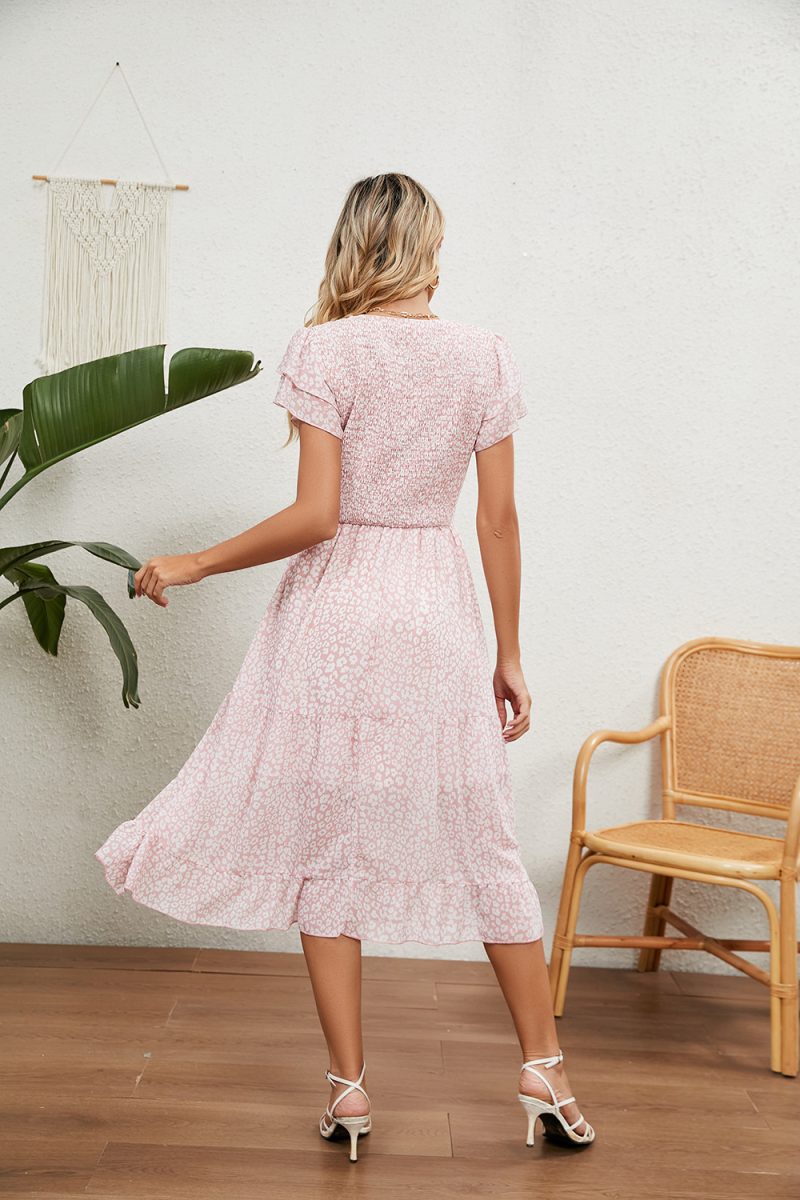 Summer V neck Pleated Printed Chiffon Patchwork Waist Slimming Dress Women - Image 13
