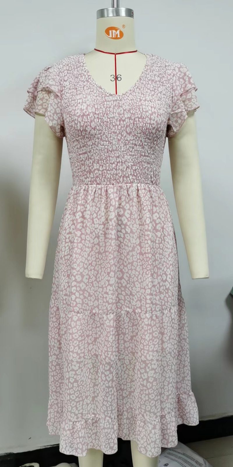 Summer V neck Pleated Printed Chiffon Patchwork Waist Slimming Dress Women - Image 14