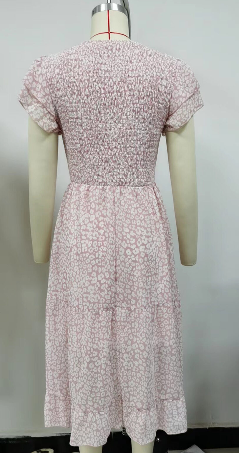 Summer V neck Pleated Printed Chiffon Patchwork Waist Slimming Dress Women - Image 15