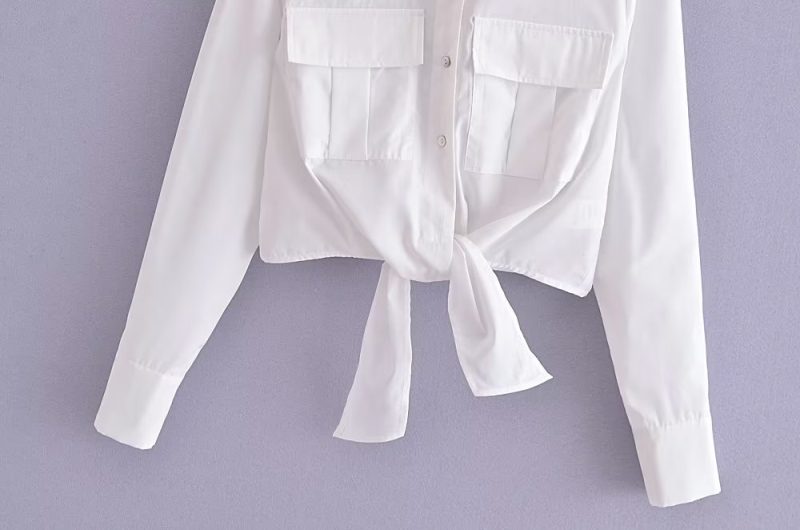 Spring Single Breasted Cardigan Long Sleeve Collared Loose Knotted Women Shirt Top - Image 3