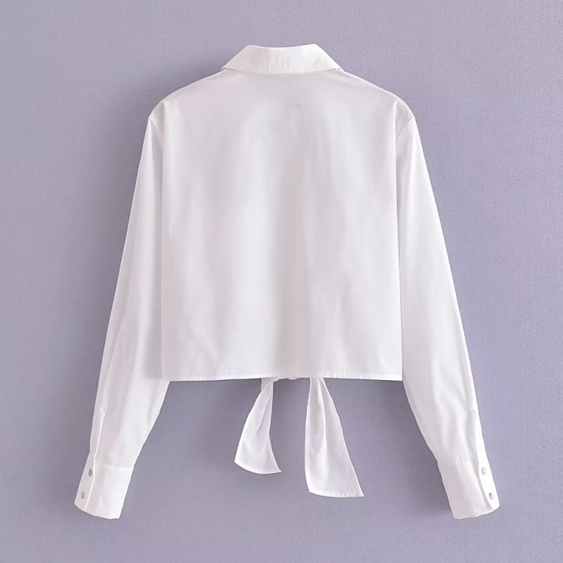 Spring Single Breasted Cardigan Long Sleeve Collared Loose Knotted Women Shirt Top - Image 11