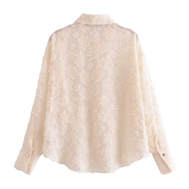 Elegant Solid Color Collared Long Sleeve Cardigan Top Spring Translucent Stitching Shirt - Image 3